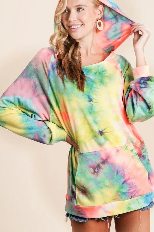 Stylish BiBi Tie Dye Terry Hoodie with Kangaroo Pocket for Cozy Casual Wear
