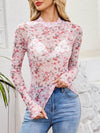 Floral Mock Neck Long Sleeve Top for Women - Slightly Stretchy, Comfortable Polyester Blend - Store 42