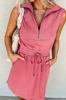 French Terry Zipped Collar Sleeveless Drawstring Waist Mini Dress