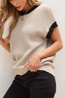 Textured Knit Sweater with Contrast Trim Details