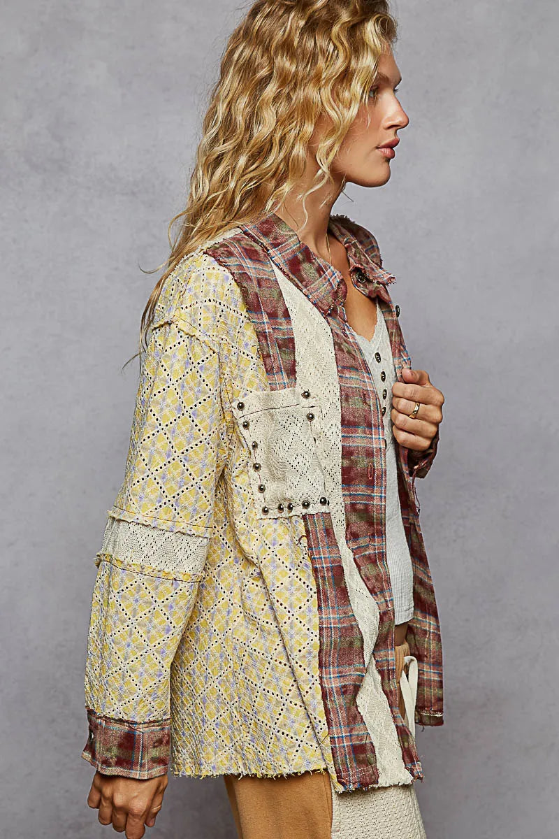 POL Studded Patchwork Plaid Long Sleeve Shirt with Geometric Patterns and Pocket Detail