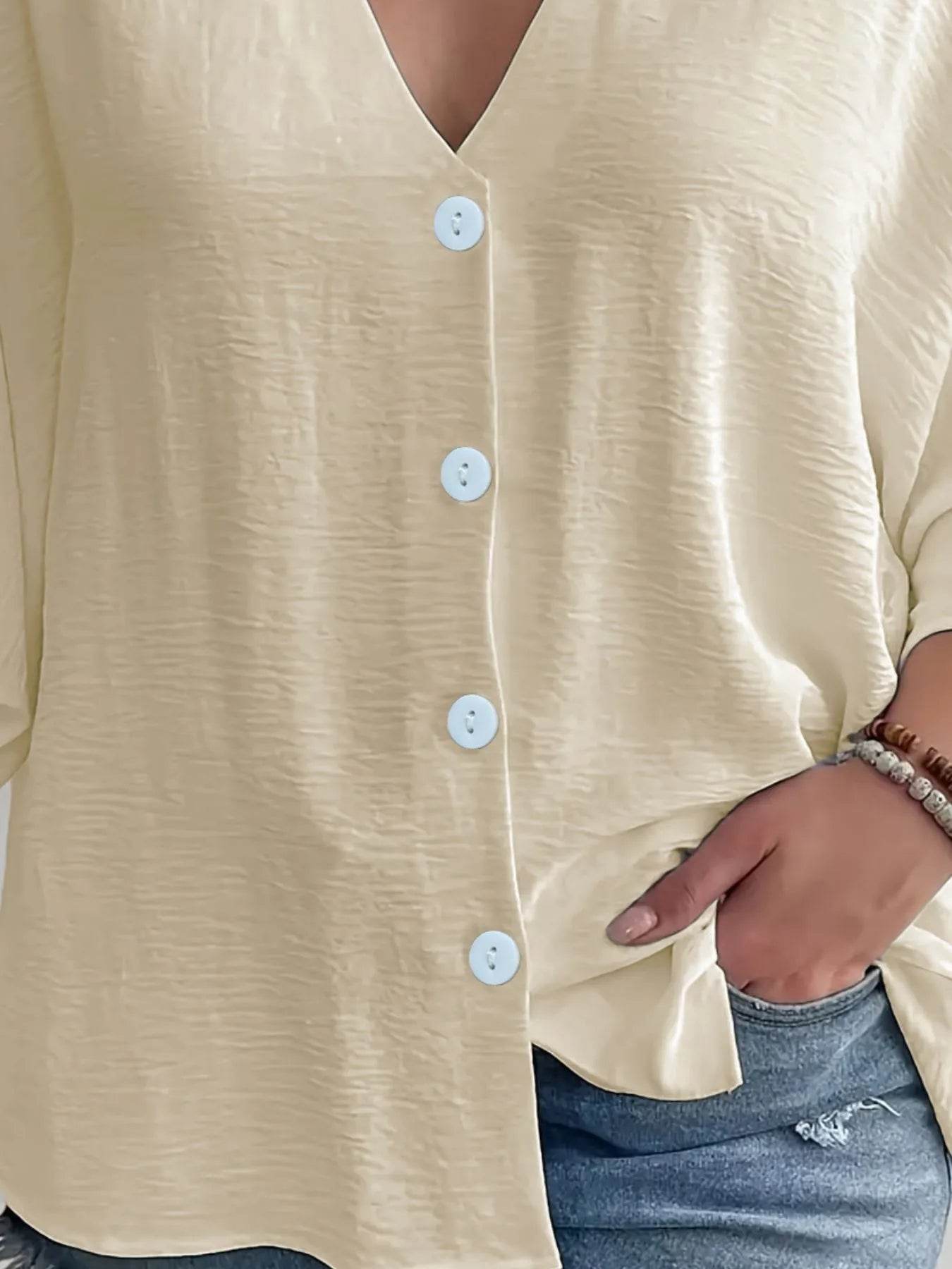 Full Size Casual V-Neck Button Down Relaxed Fit Blouse Plus Size - Store 42