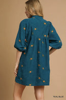 Umgee Corduroy Babydoll Dress with Floral Embroidery