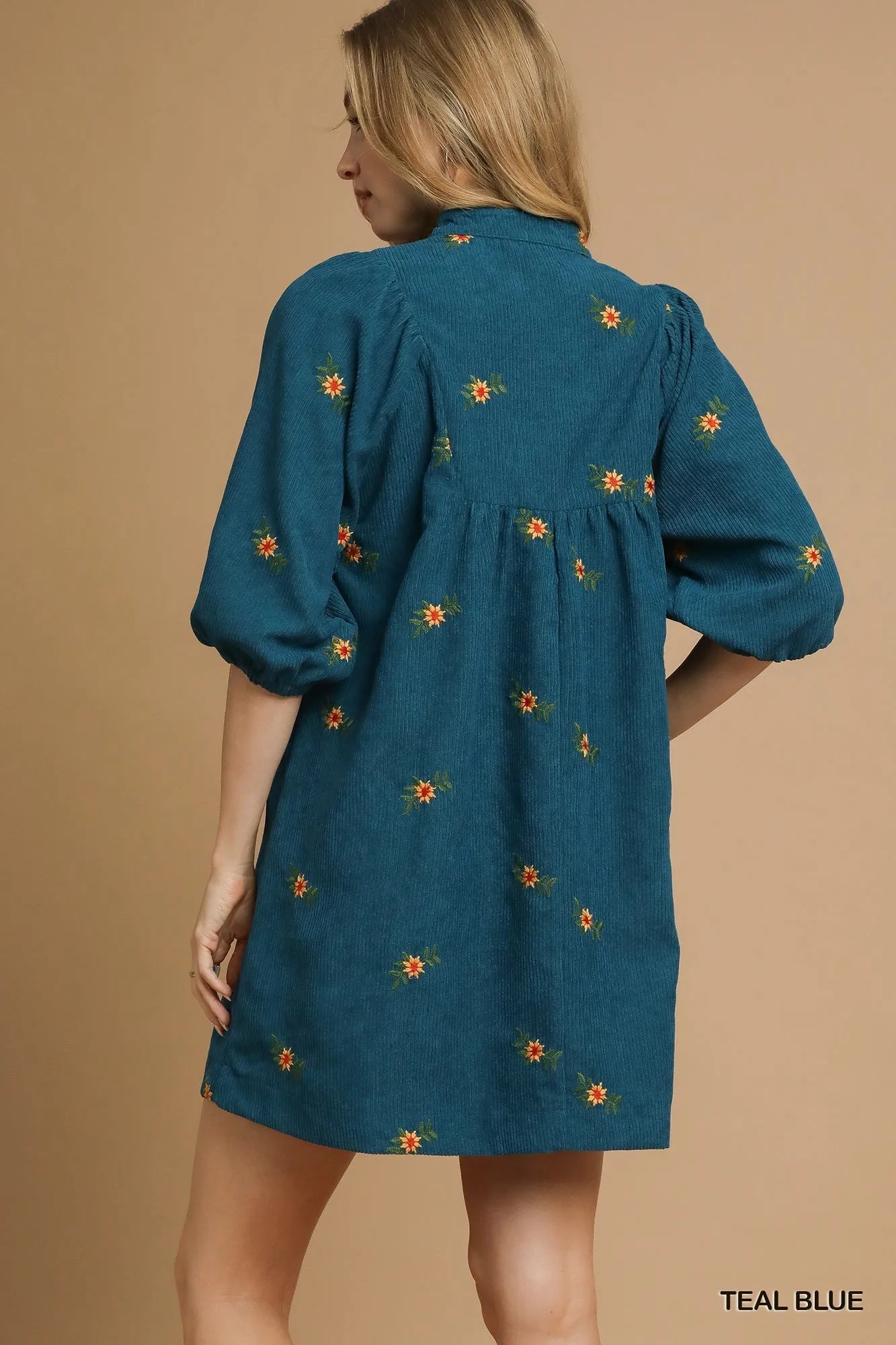 Umgee Corduroy Babydoll Dress with Floral Embroidery