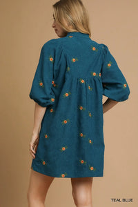 Umgee Corduroy Babydoll Dress with Floral Embroidery