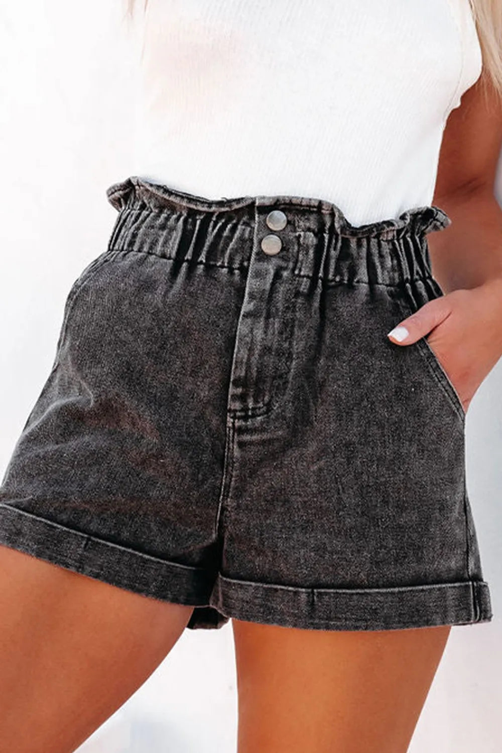 Stylish Paperbag Waist Denim Shorts with Pockets - 65% Cotton, Chic Comfort & Perfect Fit