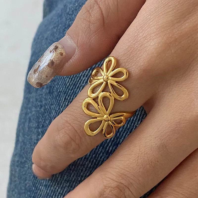 Elegant 18K Gold-Plated Stainless Steel Flower Ring with Adjustable Open Band Design