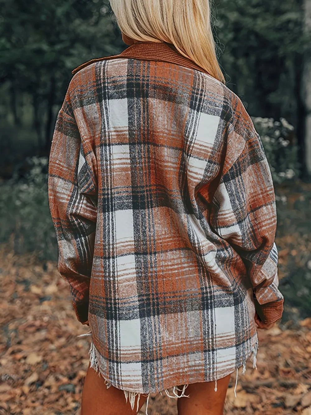Plaid Button-Up Shacket with Collared Neck - Normal Thickness, 95% Polyester, 5% Spandex