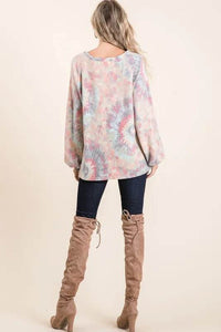 BiBi Pastel Tie Dye Top with Puff Sleeves - Soft Cotton, Relaxed Fit, Casual Chic Style - Store 42