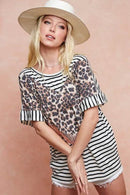 BiBi Stripe Rayon Span Knit Color Block Top With Leopard - Store 42