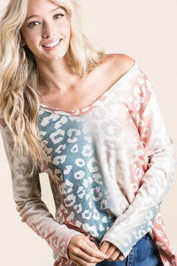 Trendy Gradation Leopard Print Textured Knit Top - 100% Cotton, Slightly Stretchy Fabric - Store 42