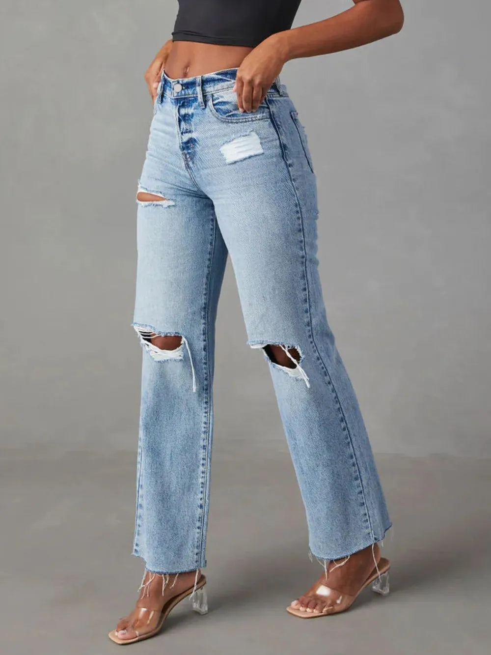 Distressed Straight Leg Jeans for Women - Buttoned with Functional Pockets, No Stretch