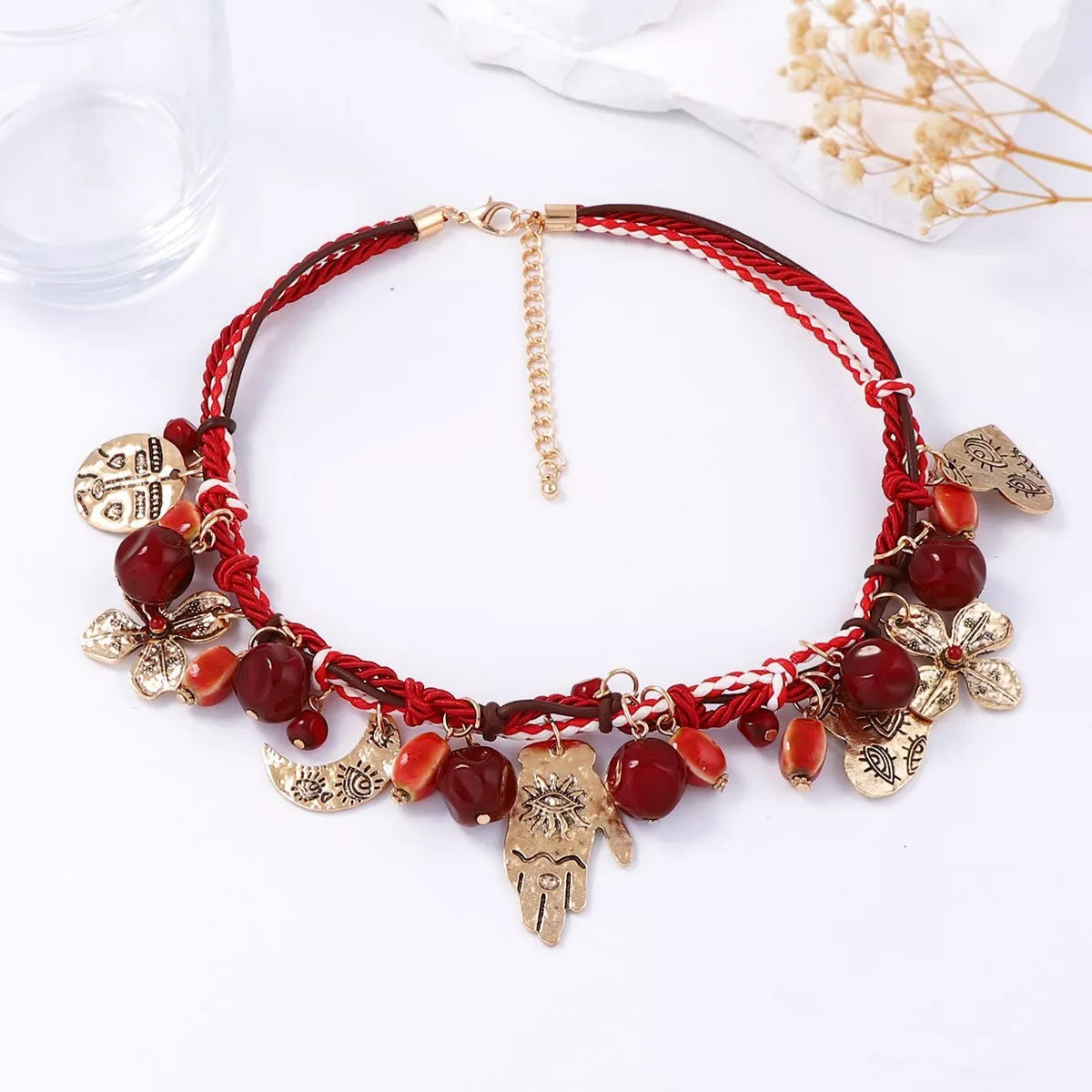 Elegant 18K Gold-Plated Zinc Alloy Bead Charm Necklace with Adjustable Rope Chain