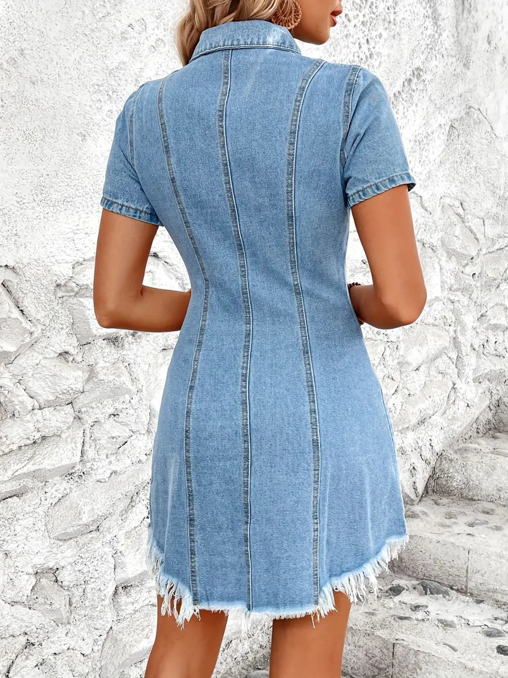 Raw Hem Short Sleeve Button Up Denim Dress with Pockets and Fringe Detail