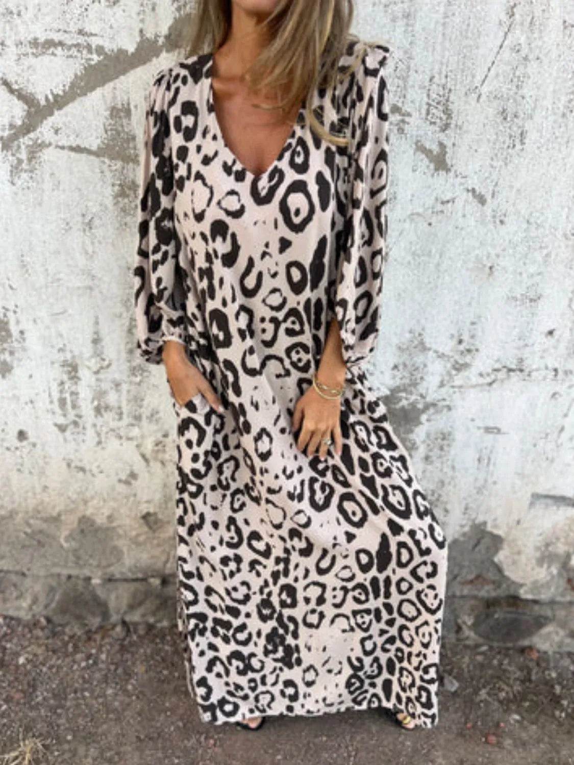 Full Size Printed V-Neck Dress with Pockets Plus Size - Store 42