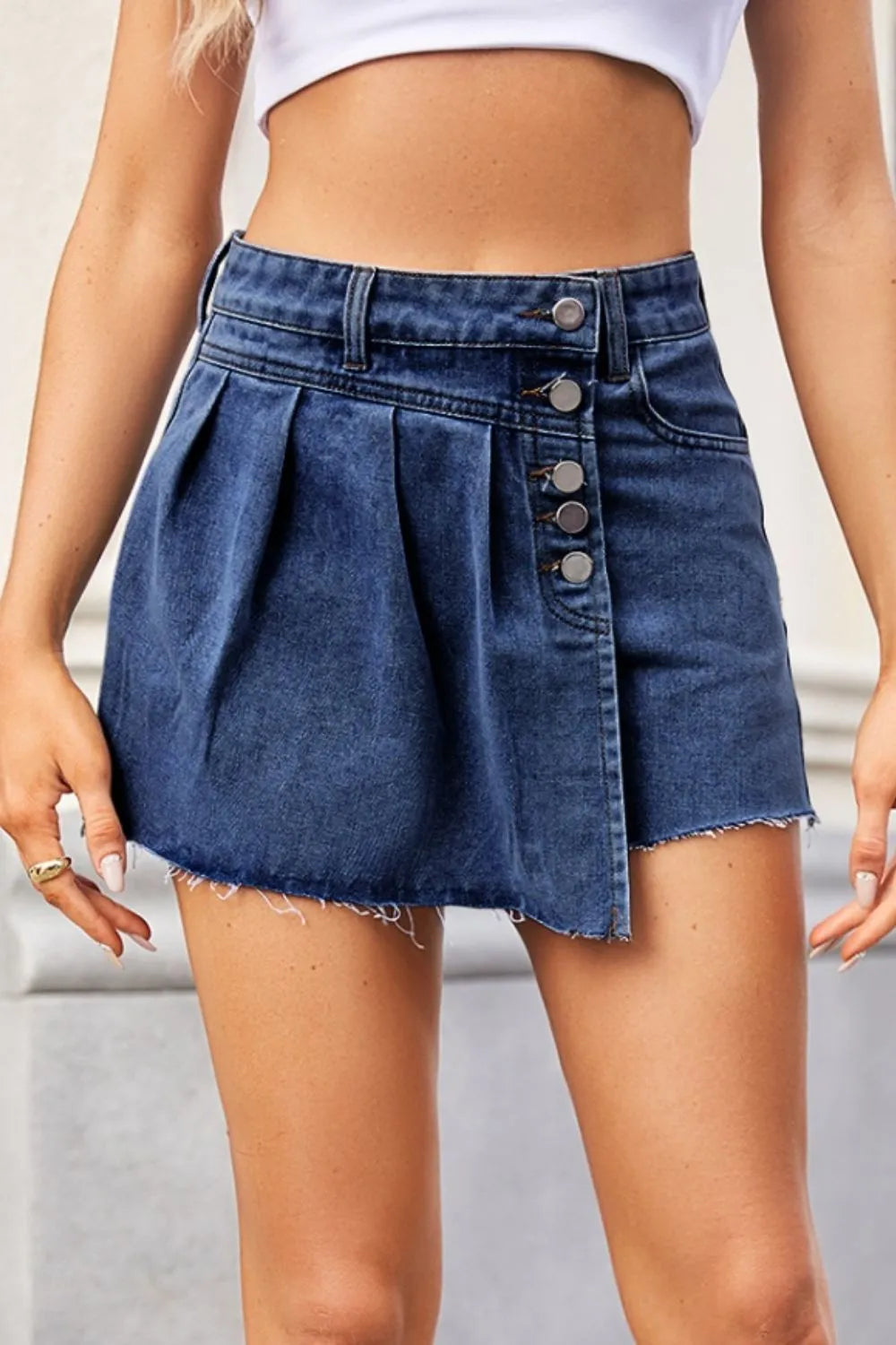Stylish Raw Hem Denim Skort with Buttons and Pockets – 95% Rayon, Machine Washable