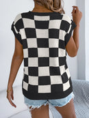 Checkered Round Neck Cap Sleeve Knit Top
