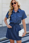 Drawstring Collared Neck Short Sleeve Denim Dress Dark