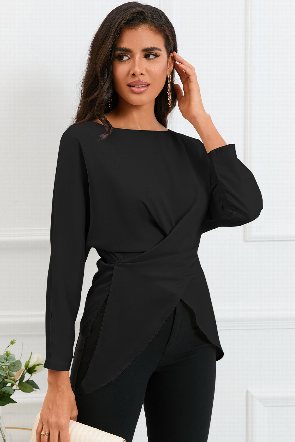 Chic Boat Neck Satin Blouse with Back Tie & Long Sleeves - Solid Color, Slightly Stretchy