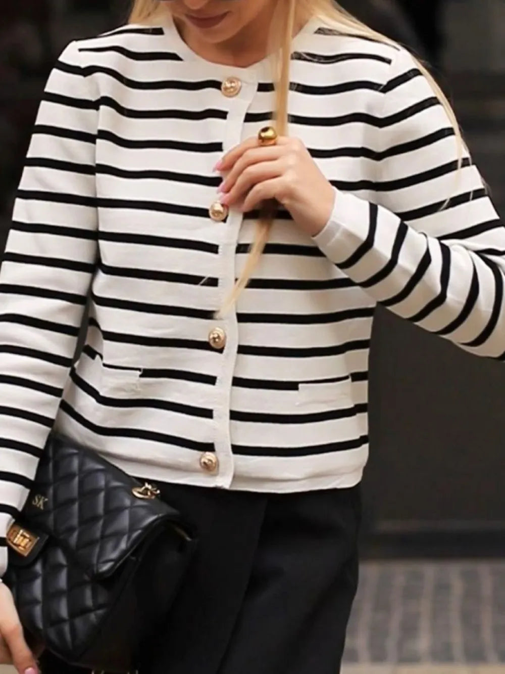 Trendy Striped Long Sleeve Cardigan with Button Closure - 100% Acrylic, Slightly Stretchy