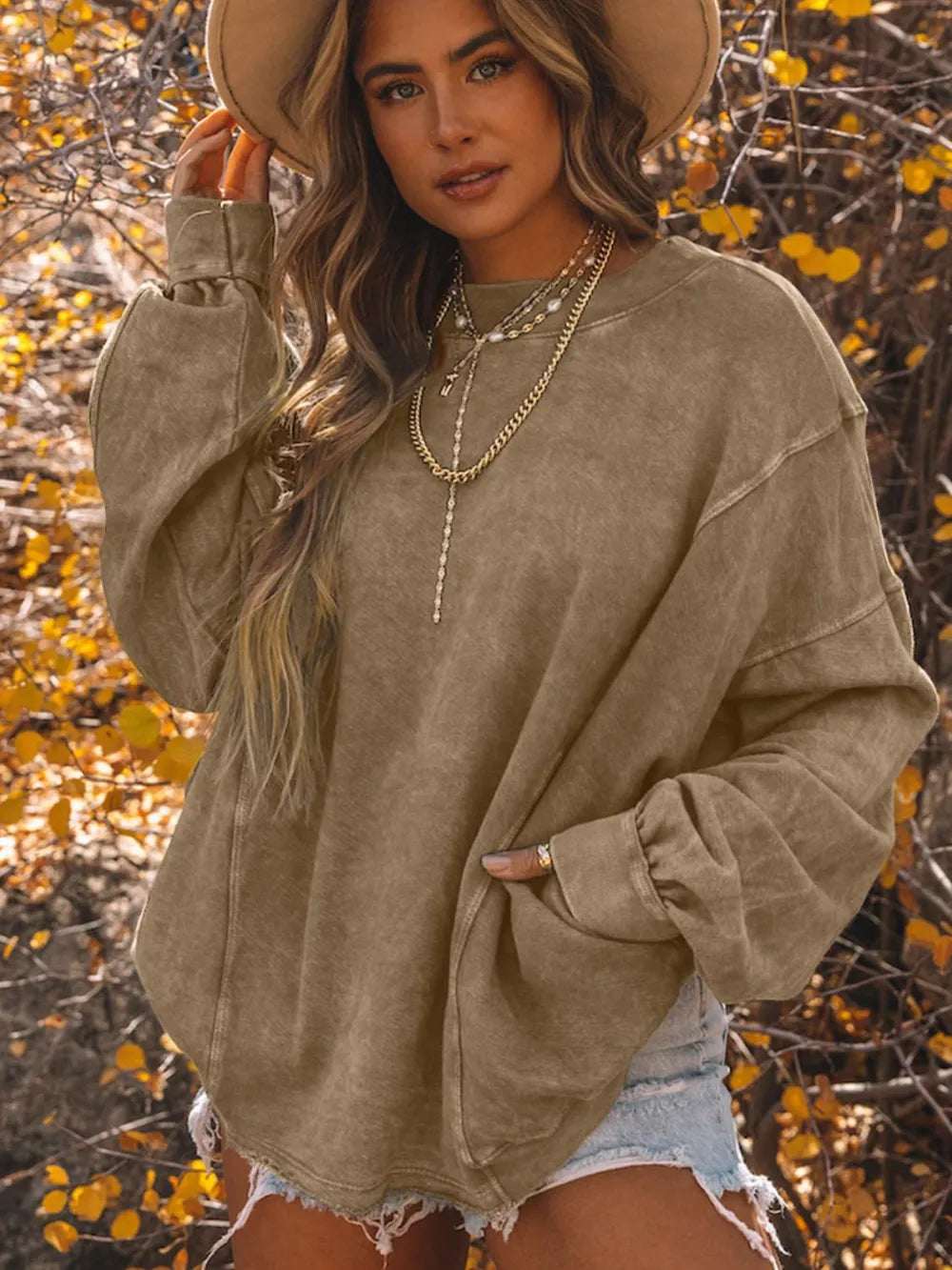 Trendy Exposed Seam Twisted V-Neck Sweatshirt - Slightly Stretchy, Opaque Fabric, 80% Polyester