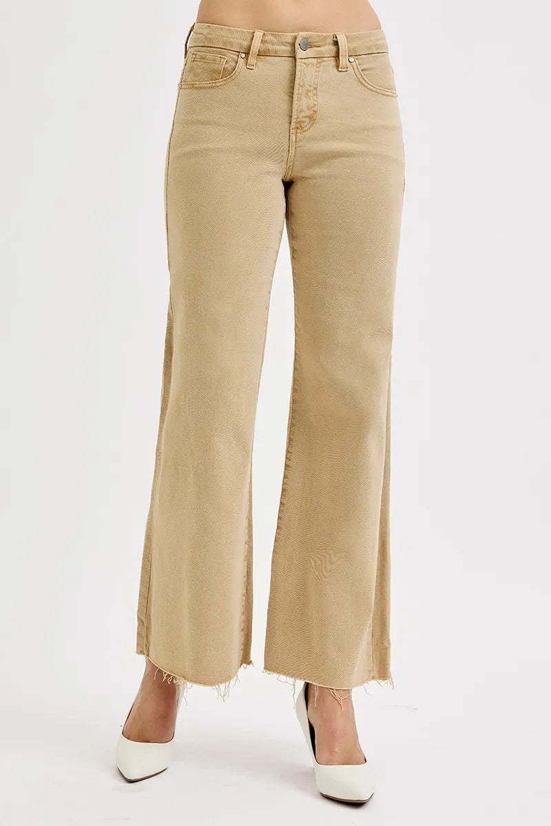 Plus Size Risen Wide Leg Jeans With Raw Hem In Khaki Beige - Premium Stretch Denim