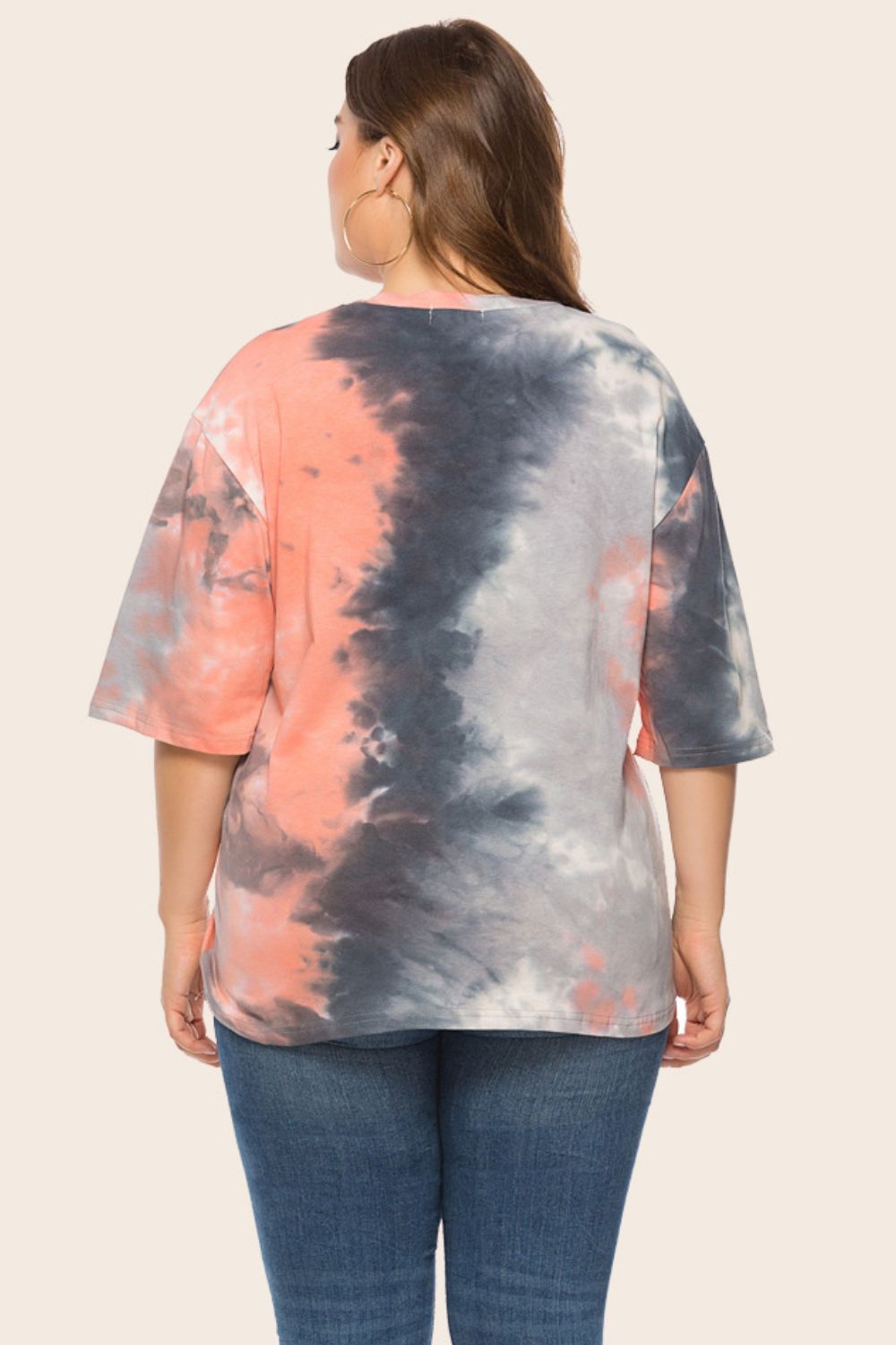 Plus Size Casual Tie-Dye Half Sleeve Tee Shirt with Round Neck and Dropped Shoulders