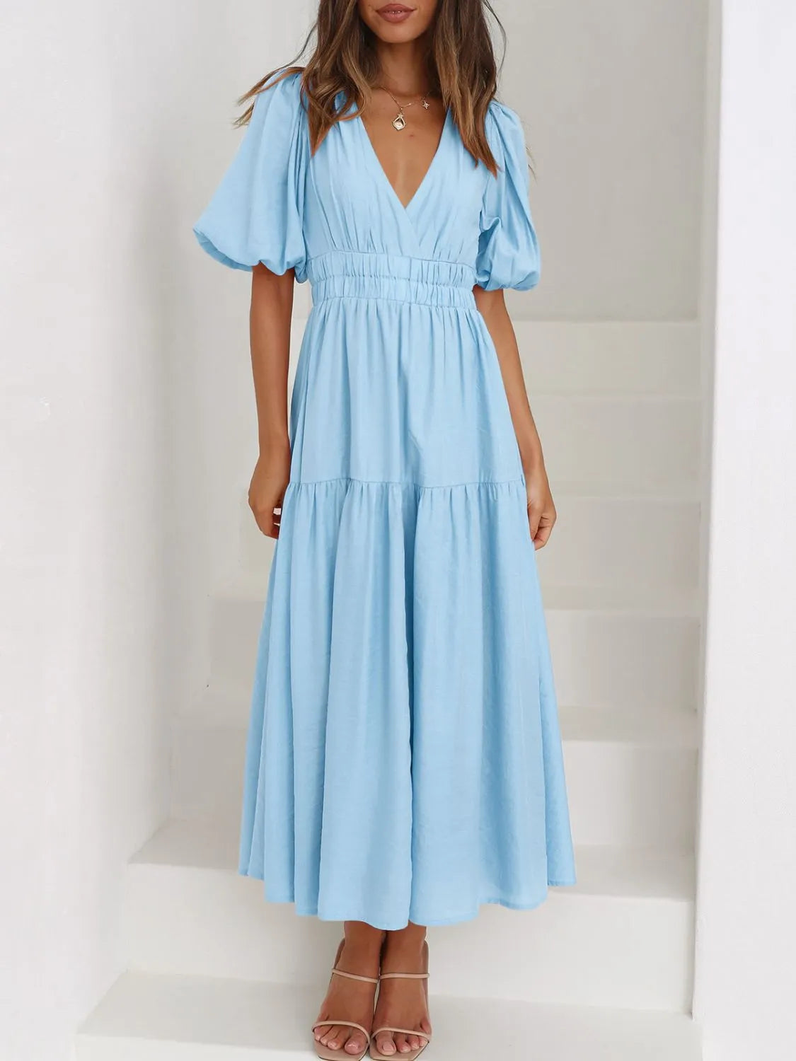 Chic V-Neck Puff Sleeve Midi Dress with Ruched Design - Lined Polyester Blend