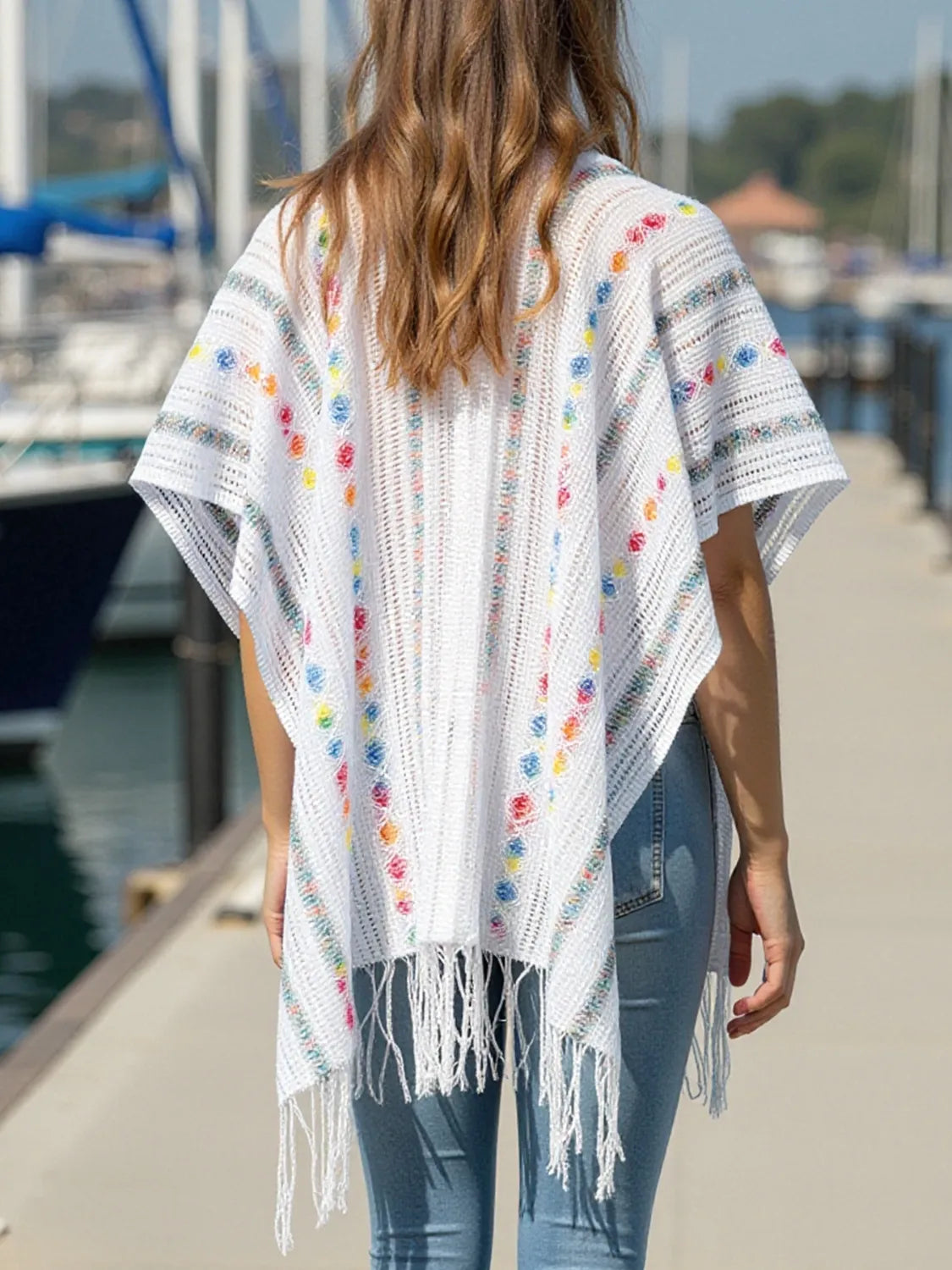 Openwork Fringe Open Front Knit Cape