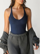 Ribbed V-Neck Halter Tank Top Dark Navy