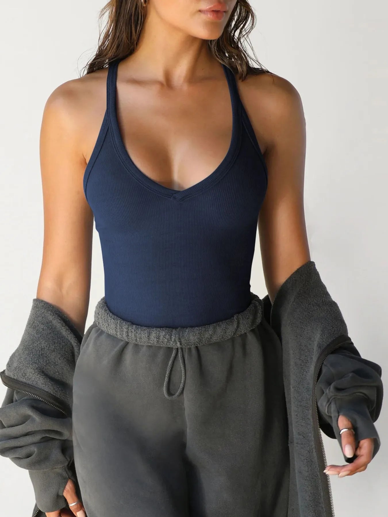 Ribbed V-Neck Halter Tank Top Dark Navy