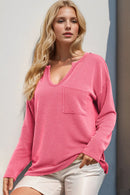 Double Take Striped Notched Long Sleeve T-Shirt Coral
