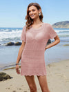 Openwork Round Neck Short Sleeve Cover-UP Blush Pink