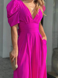 Full Size Cutout V-Neck Puff Sleeve Jumpsuit Plus Size - Store 42