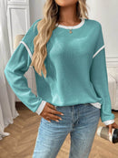 Slightly Stretchy Ribbed Long Sleeve Top with Contrast Trim - Elegant Basic Style - Store 42