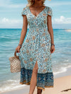 Perfee Backless Slit Printed Short Sleeve Dress Pastel Blue