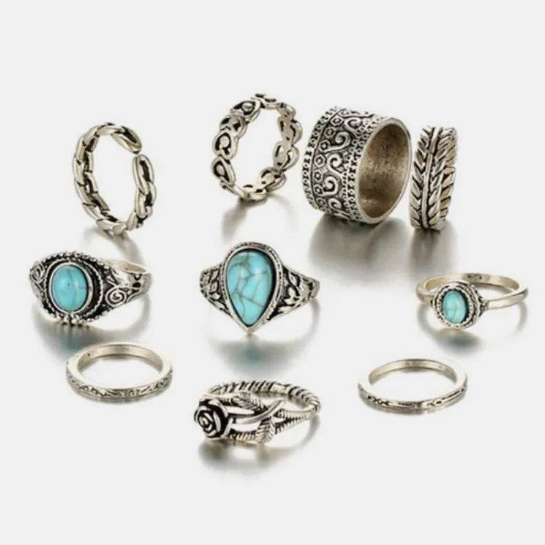 10-Piece Artificial Turquoise Alloy Ring Set - Trendy Costume Jewelry for Women - Store 42