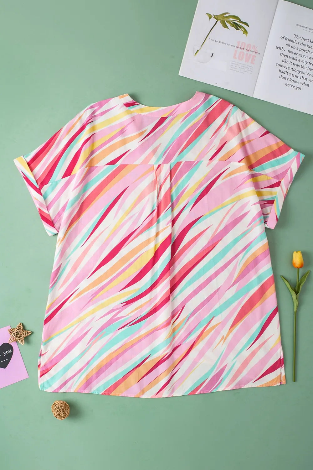 Stylish Plus Size Printed Notched Blouse for Women - Short Sleeves & Opaque Viscose Material