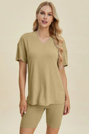 Basic Bae Full Size Ribbed V-Neck Short Sleeve Top and Shorts Set Chartreuse