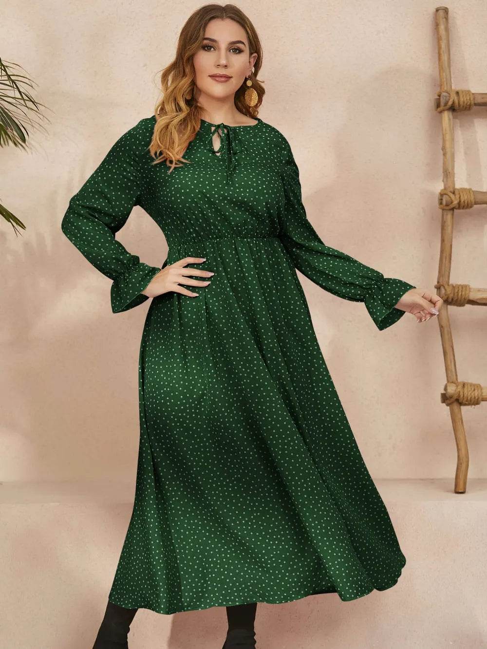 Honey Plus Size Ruffled Polka Dot Long Sleeve Midi Dress - Store 42