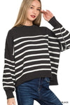 Zenana Exposed Seam Striped Oversized Sweater BLACK