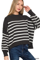 Zenana Exposed Seam Striped Oversized Sweater BLACK