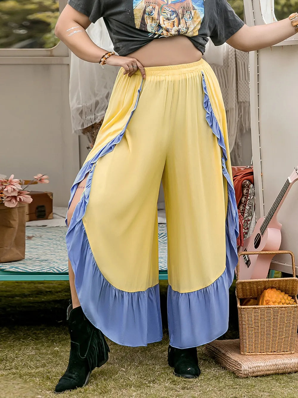 Stylish Plus Size 100% Viscose Contrast Ruffled Wide Leg Pants with Slit and Opaque Design
