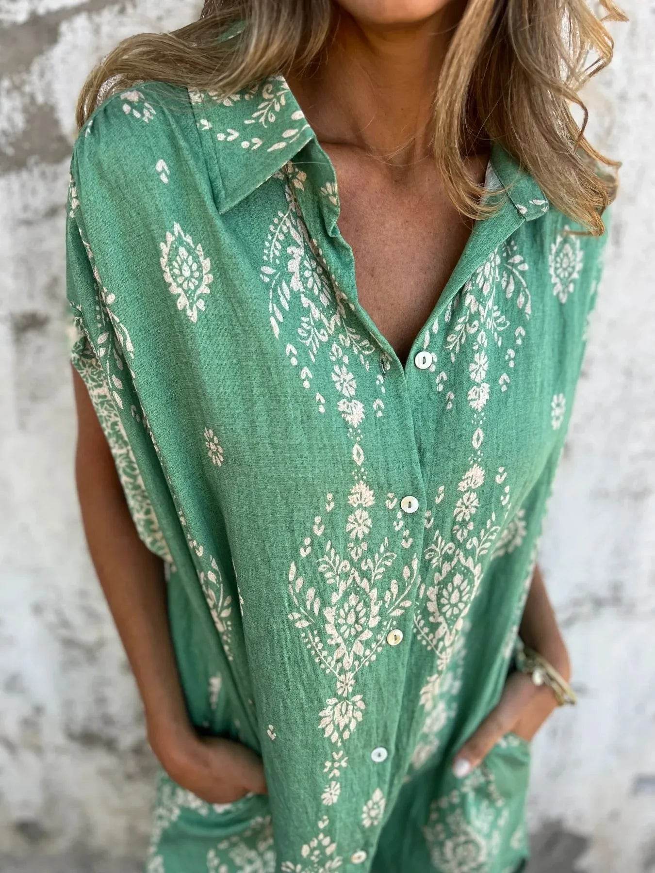 Full Size Printed Short Sleeve Button-Up Shirt Dress Plus Size - Store 42