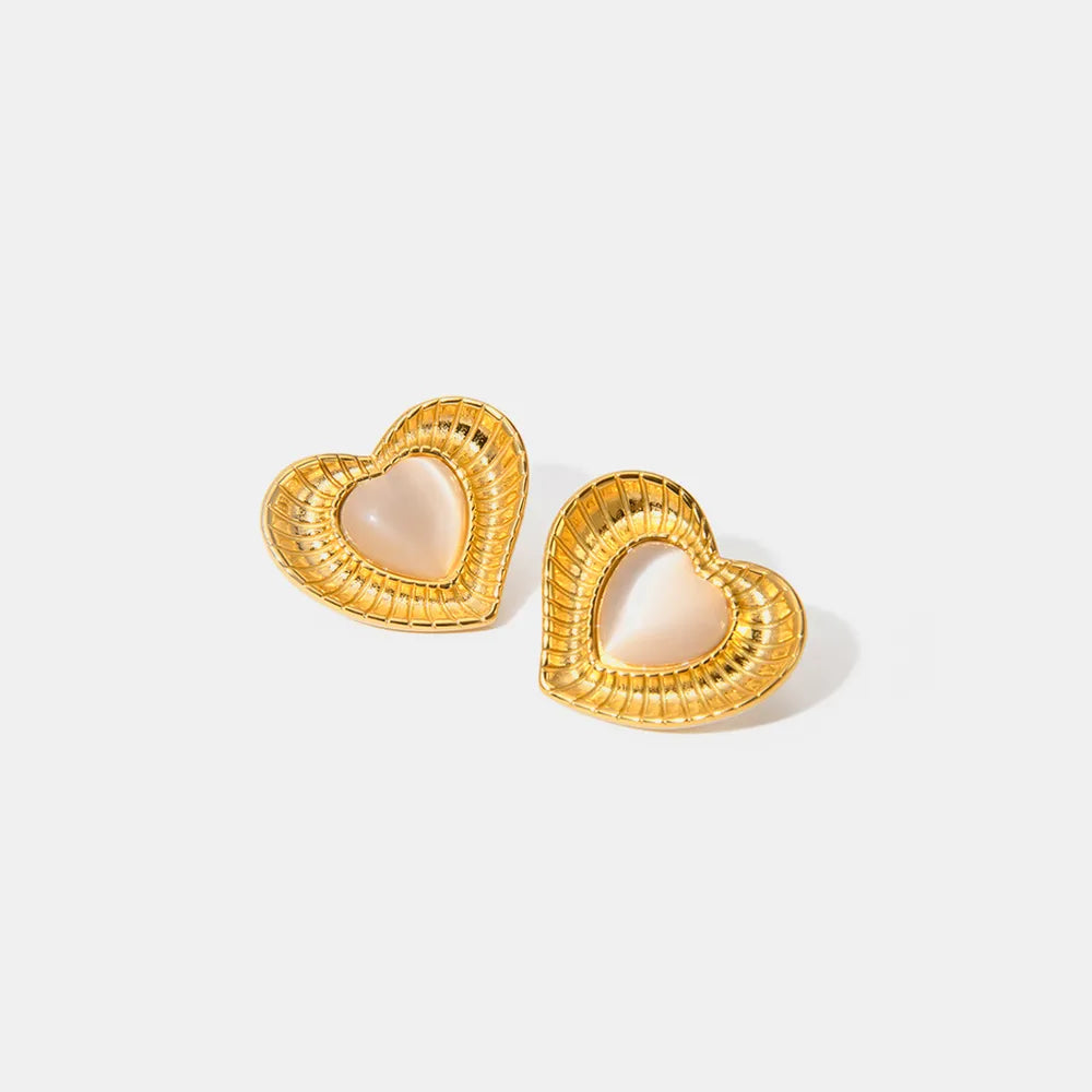 Elegant 18K Gold-Plated Cat's Eye Stone Heart Earrings in Stainless Steel | Trendsi