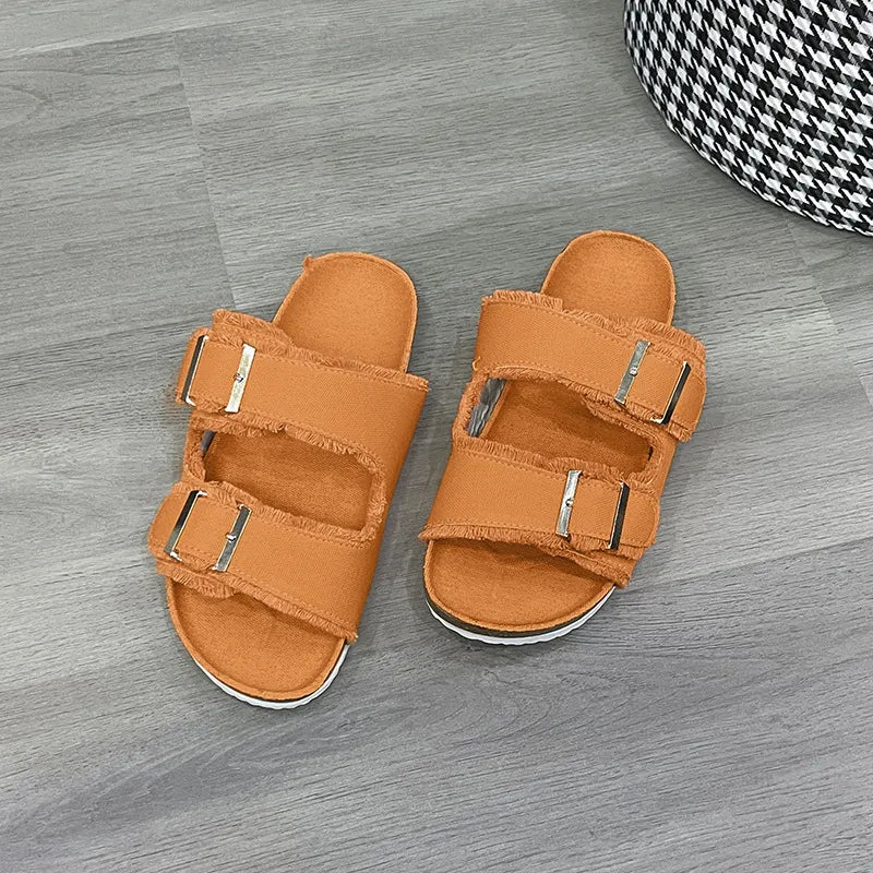 Raw Hem Open Toe Double Buckle Sandals Tangerine