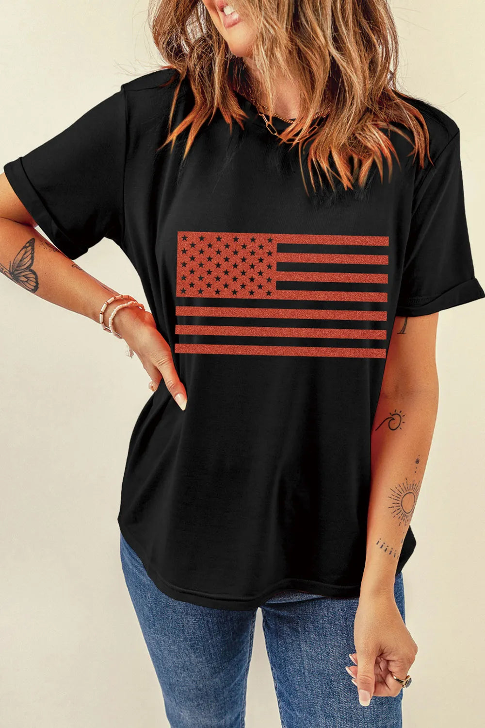 US Flag Round Neck Short Sleeve T-Shirt - Opaque Fabric, Basic Style, 62% Polyester, 32% Cotton