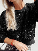 Sequin Round Neck Long Sleeve Blouse Black