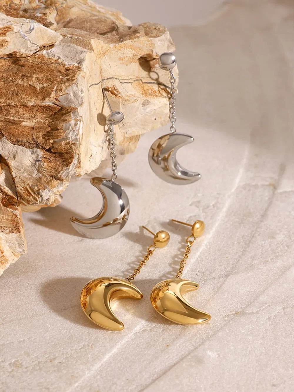 Elegant 18K Gold-Plated Stainless Steel Moon Dangle Earrings - Perfect for Any Occasion - Store 42