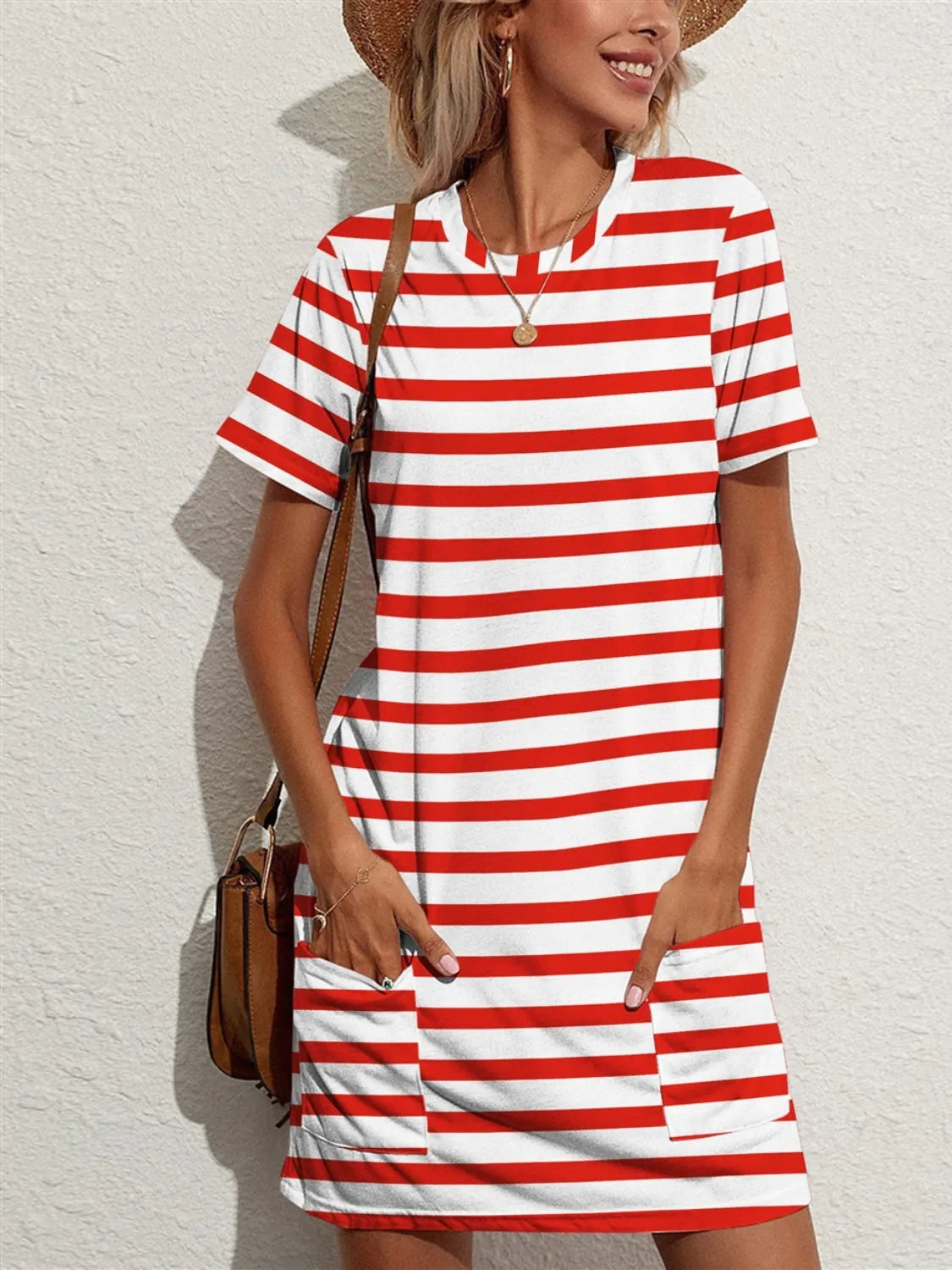 Contrast Striped Round Neck Short Sleeve Dress Scarlet